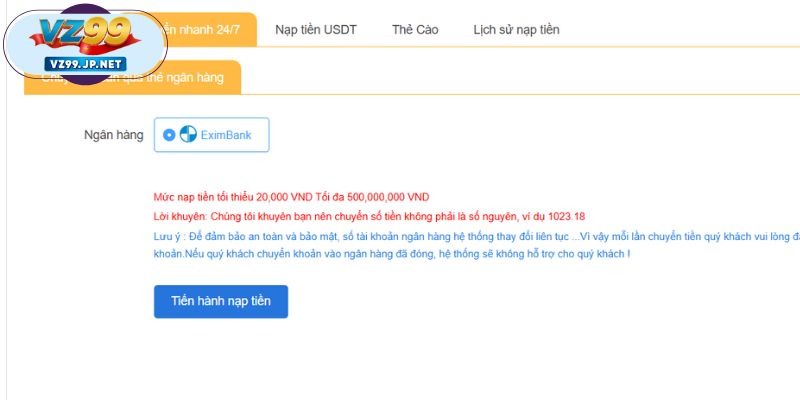 Chi tiết tiết quy trình tiến hành nạp tiền qua tài khoản ngân hàng