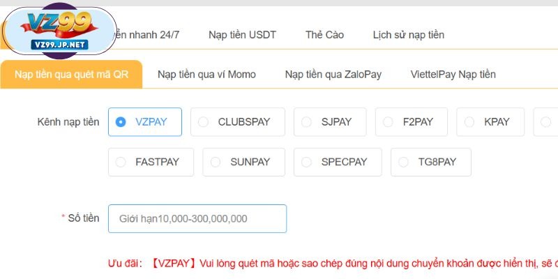 Những phương thức nạp tiền VZ99 phổ biến tại nhà cái